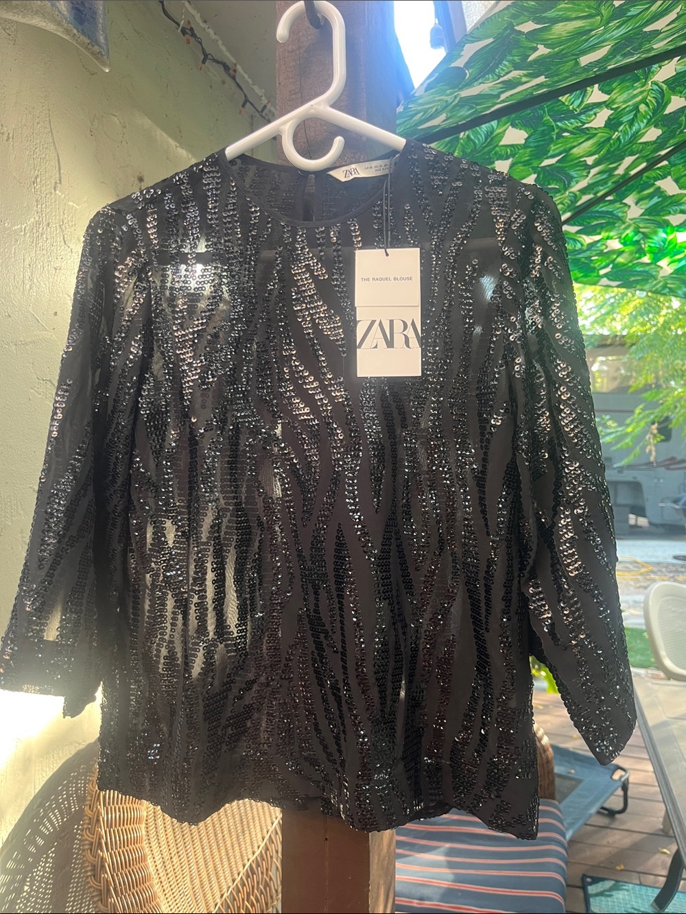 ZARA NWT Raquel Sequin Blouse Black Animal Tiger Stripe 3/4 Sleeve Top 18” p2p